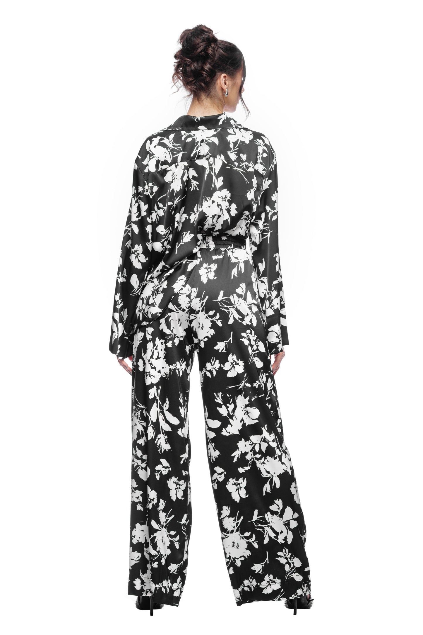 Noir Bloom Satin Pyjama Set Black