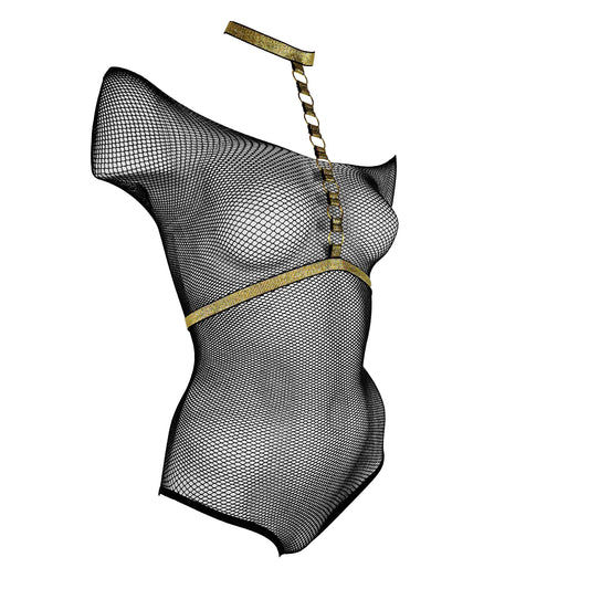 Fishnet bodysuit with harness black