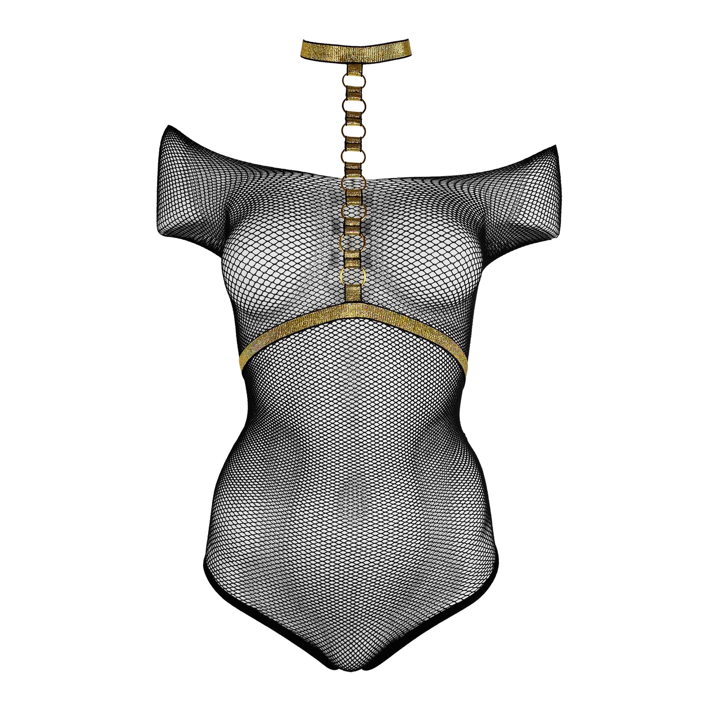 Fishnet bodysuit with harness black