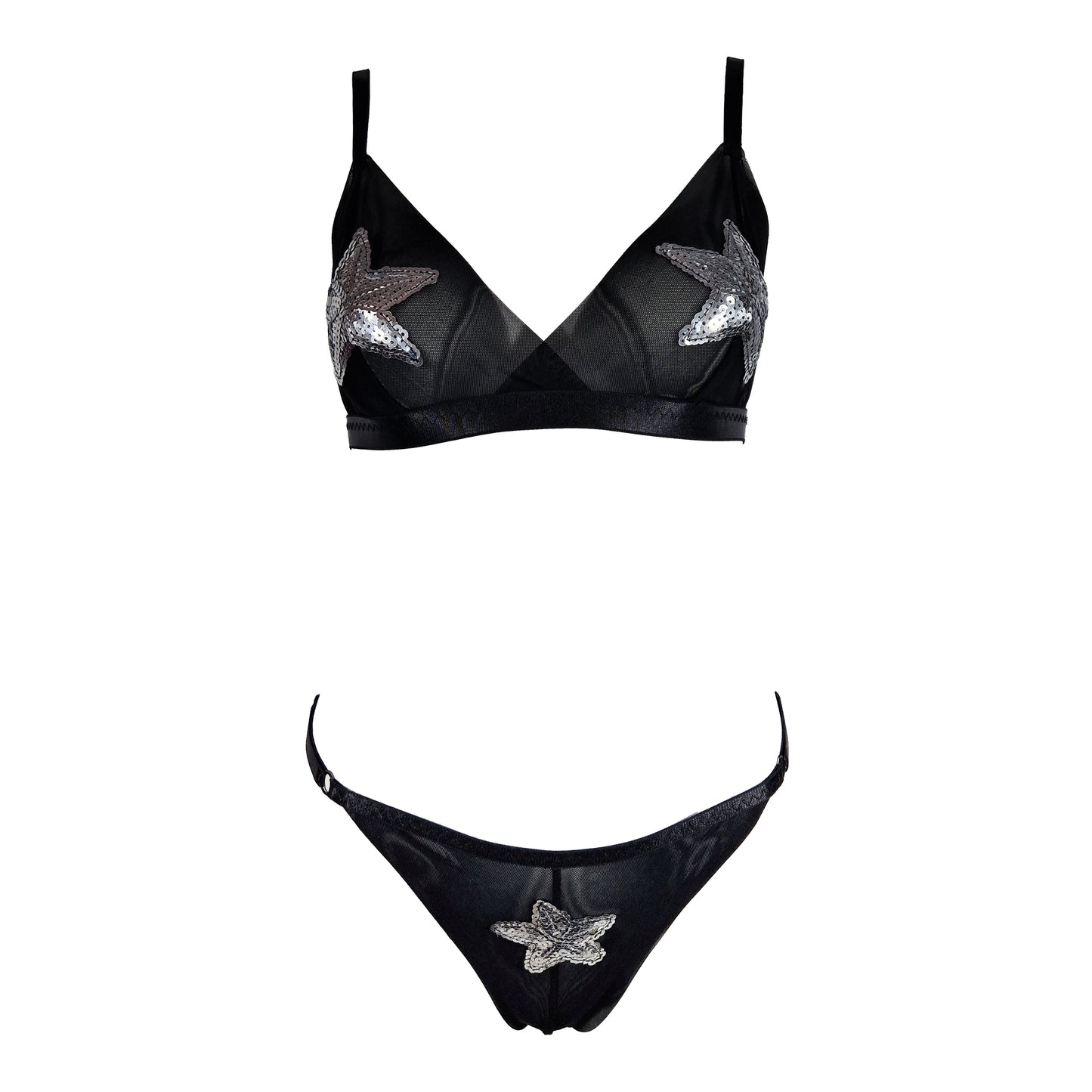 Jupiter elastic tulle lingerie set with sequin patches black