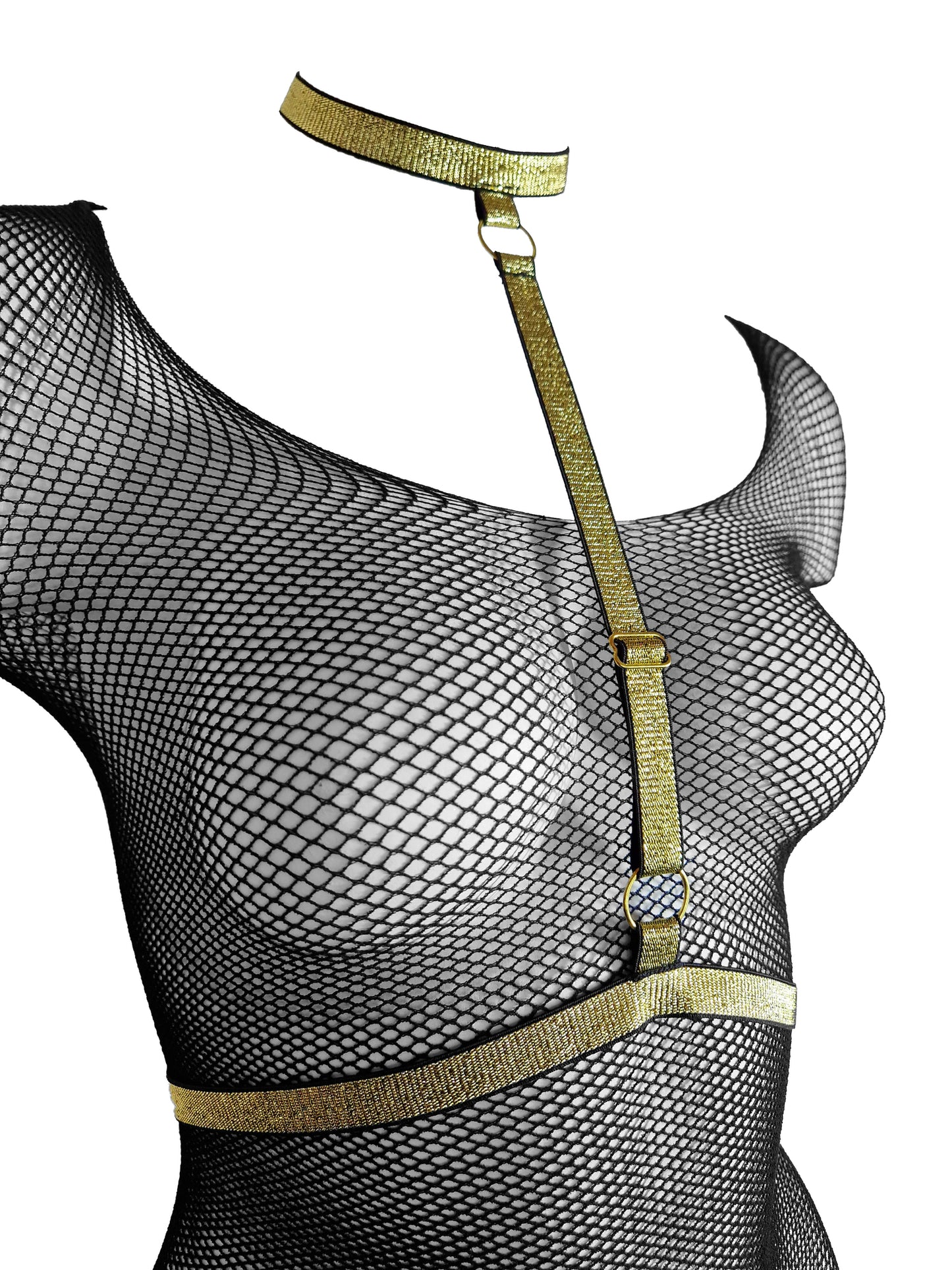 Fishnet bodysuit with harness black