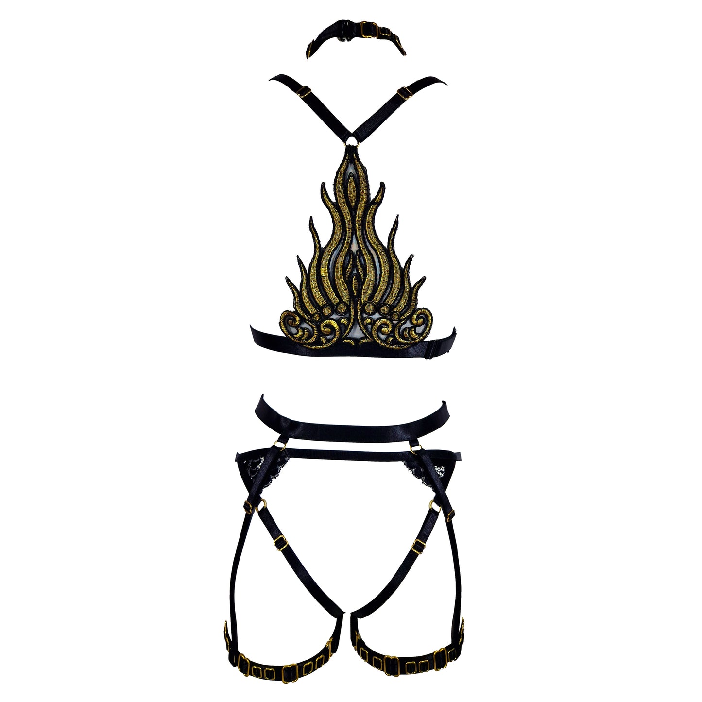 Golden Flame III lace lingerie set with crotchless panties and garters black