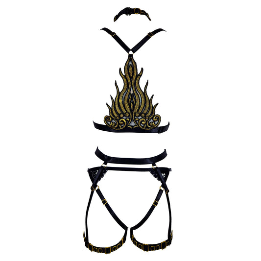 Golden Flame III lace lingerie set with crotchless panties and garters black