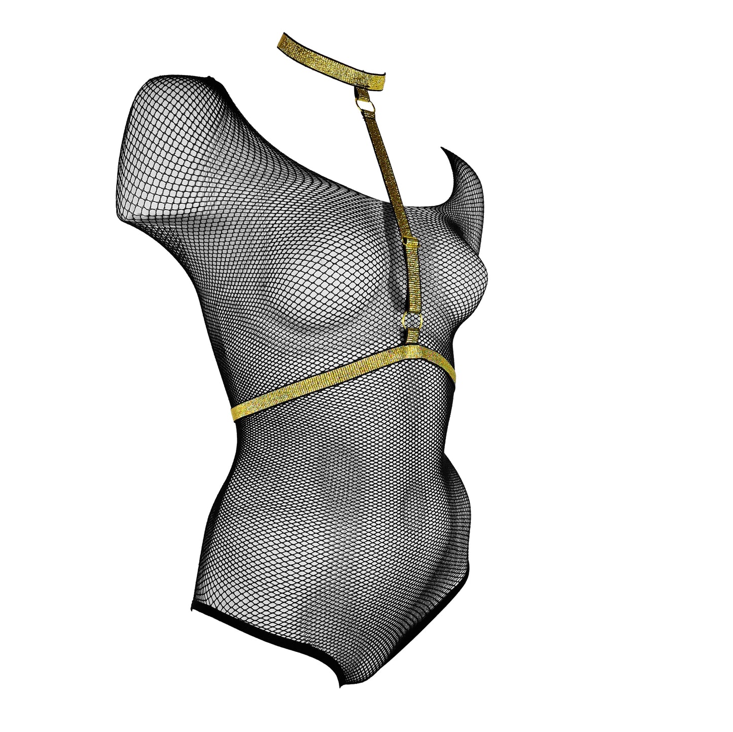 Fishnet bodysuit with harness black
