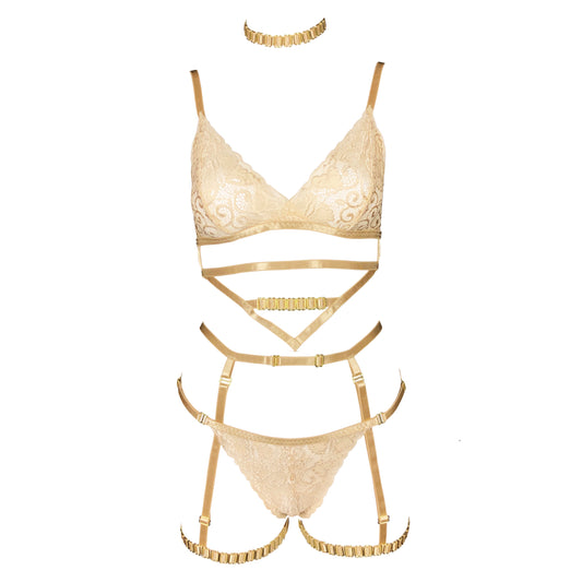 24k Gold lace lingerie set with crotchless panties and garters in champagne