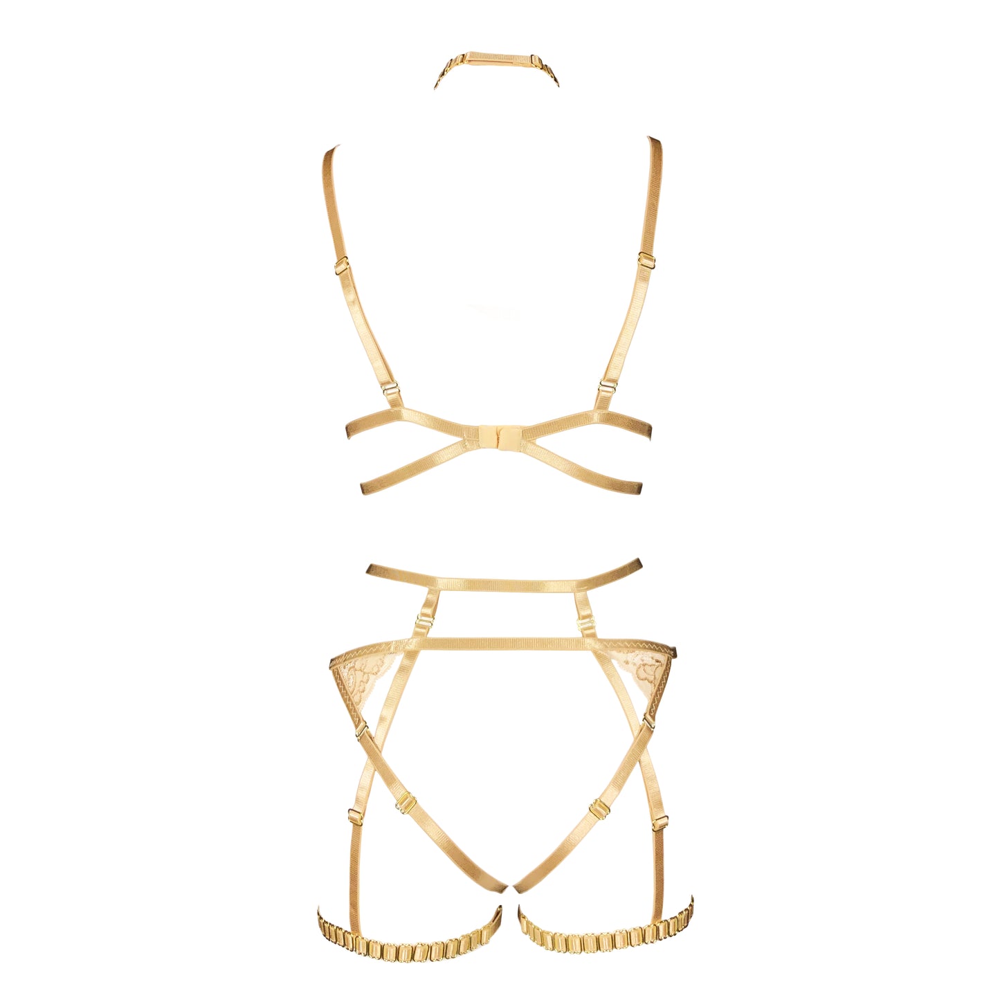 24k Gold lace lingerie set with crotchless panties and garters in champagne