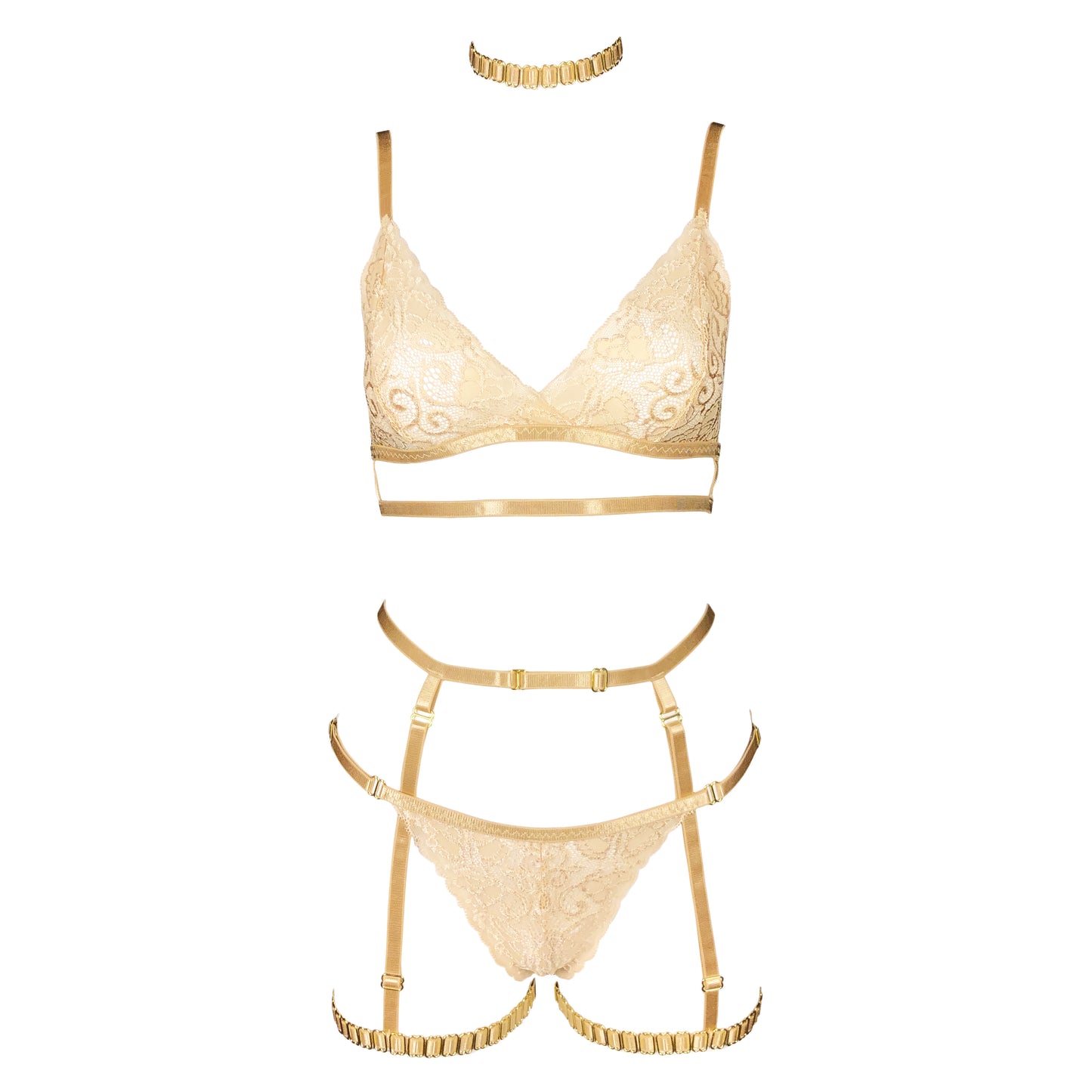 22k Gold lace lingerie set with garters in champagne