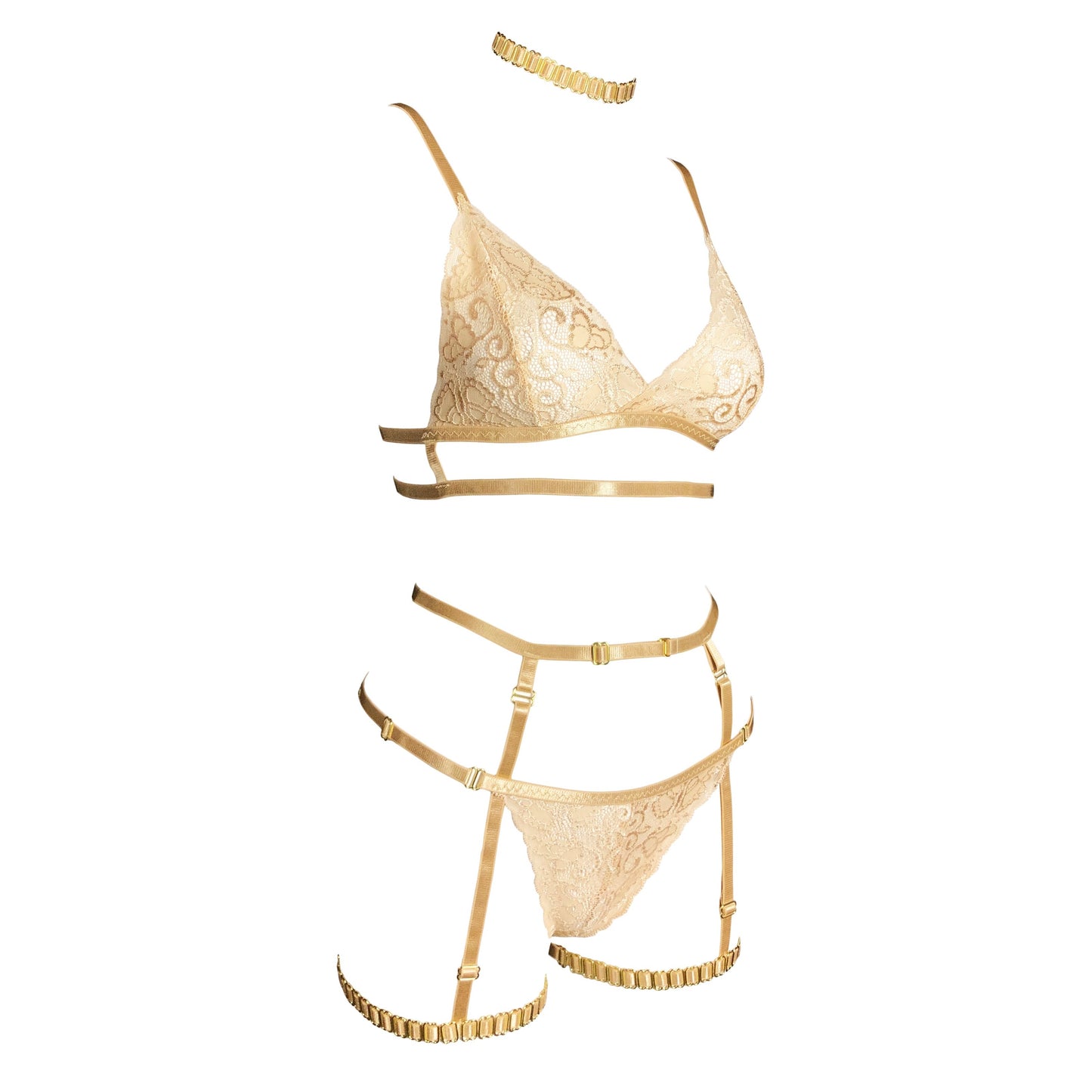 22k Gold lace lingerie set with garters in champagne