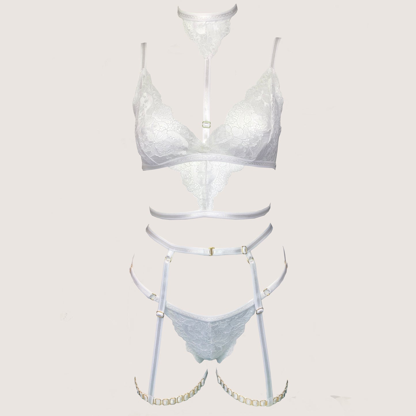 Ice Queen lace lingerie set with garters 24k GOLD plated hardware