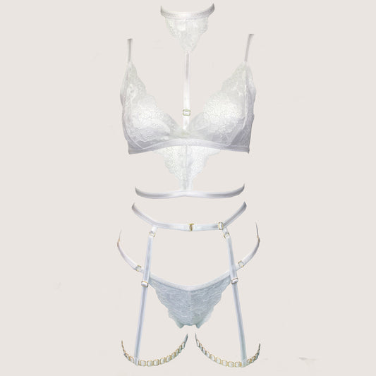 Ice Queen lace lingerie set with garters 24k GOLD plated hardware