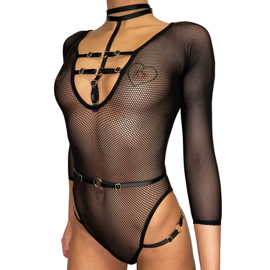 Fishnet bodysuit in black with golden details