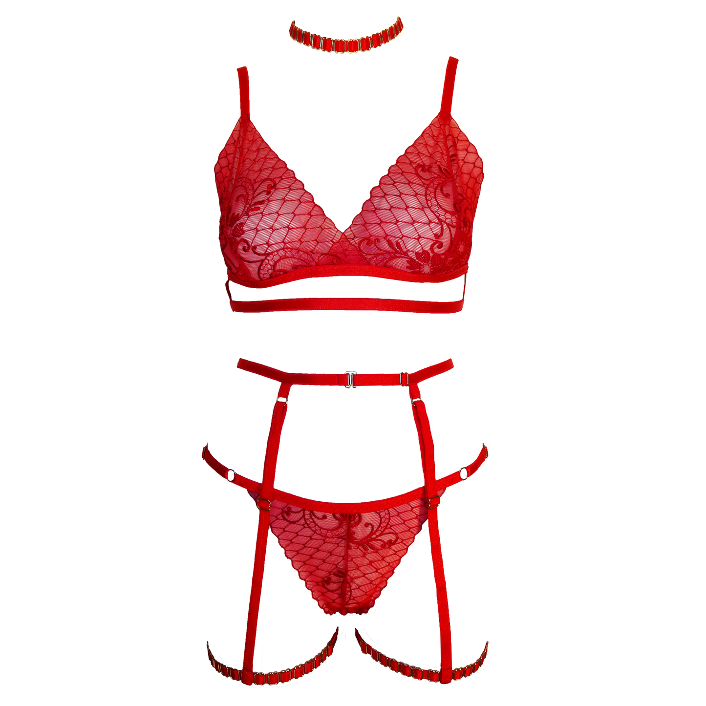 Rose Lee lace lingerie set with garters red