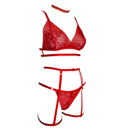 Rose Lee lace lingerie set with garters red