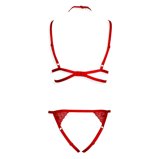 Simone lace lingerie set with crotchless panties and detachable choker red
