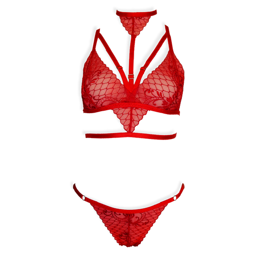 Simone lace lingerie set with crotchless panties and detachable choker red