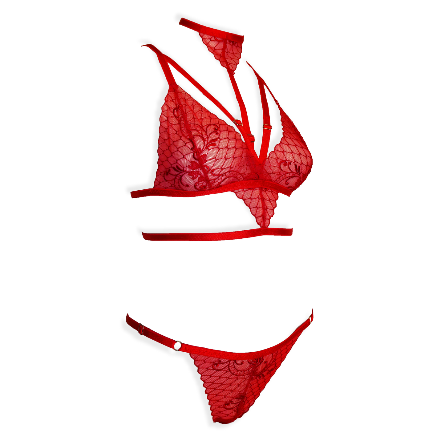Simone lace lingerie set with crotchless panties and detachable choker red