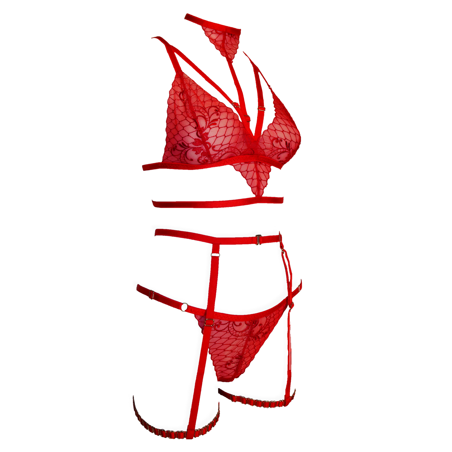 Ruby lace lingerie set with garters and detachable choker red