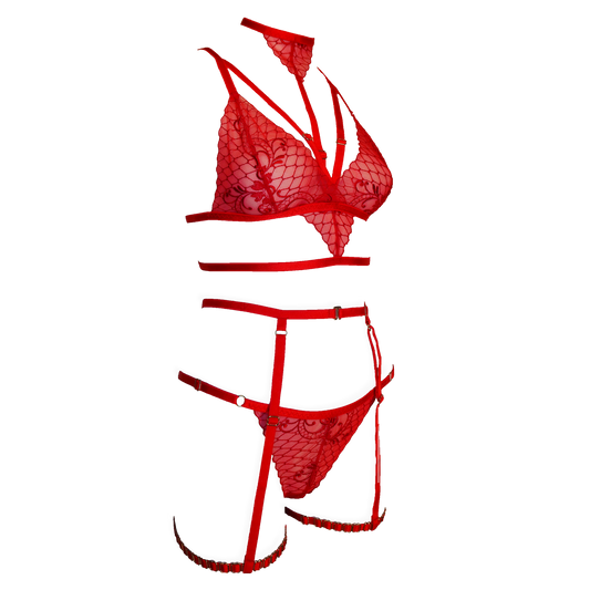 Ruby lace lingerie set with garters and detachable choker red