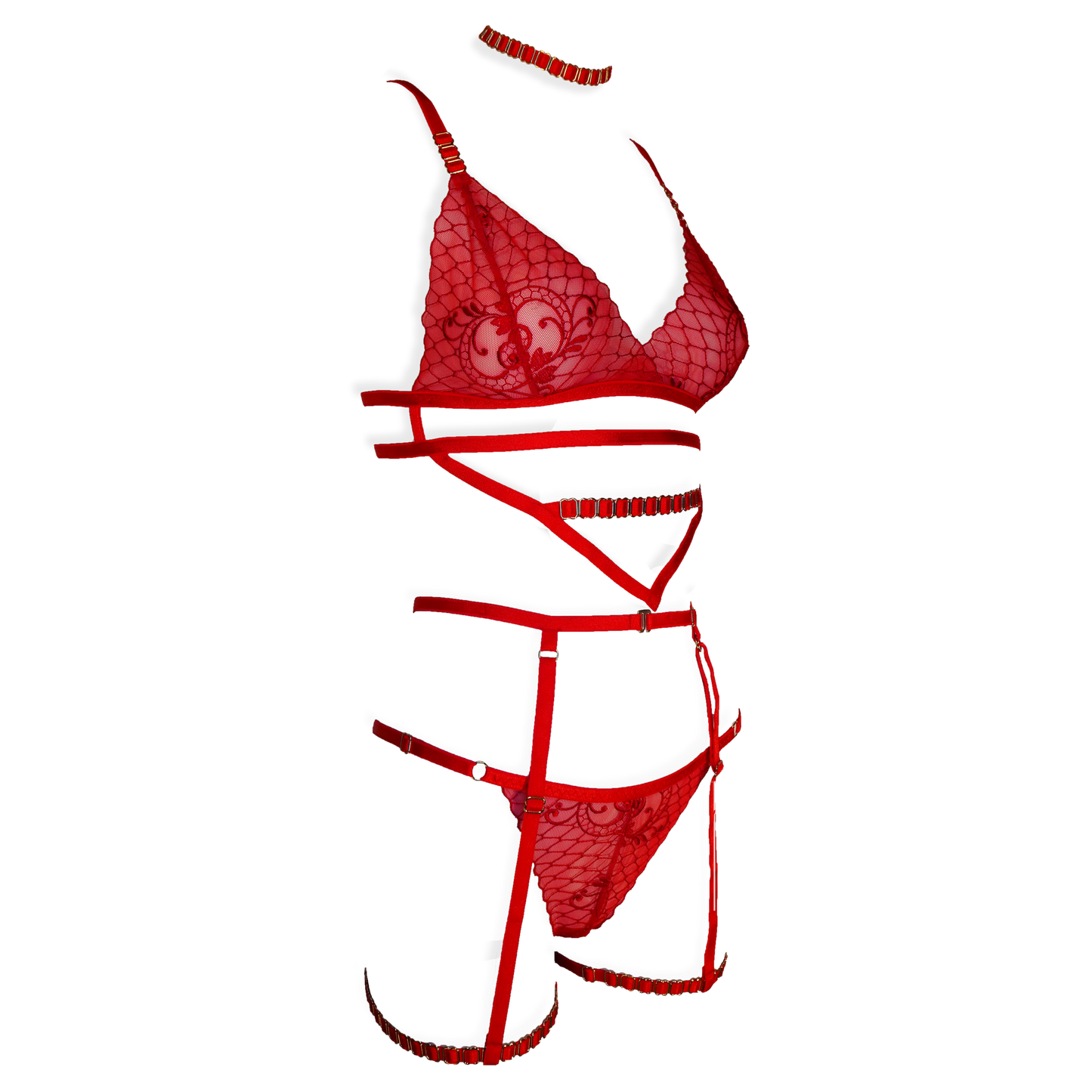 Josette lace lingerie set with garters and crotchless panties red