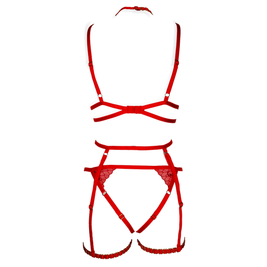 Josette lace lingerie set with garters and crotchless panties red