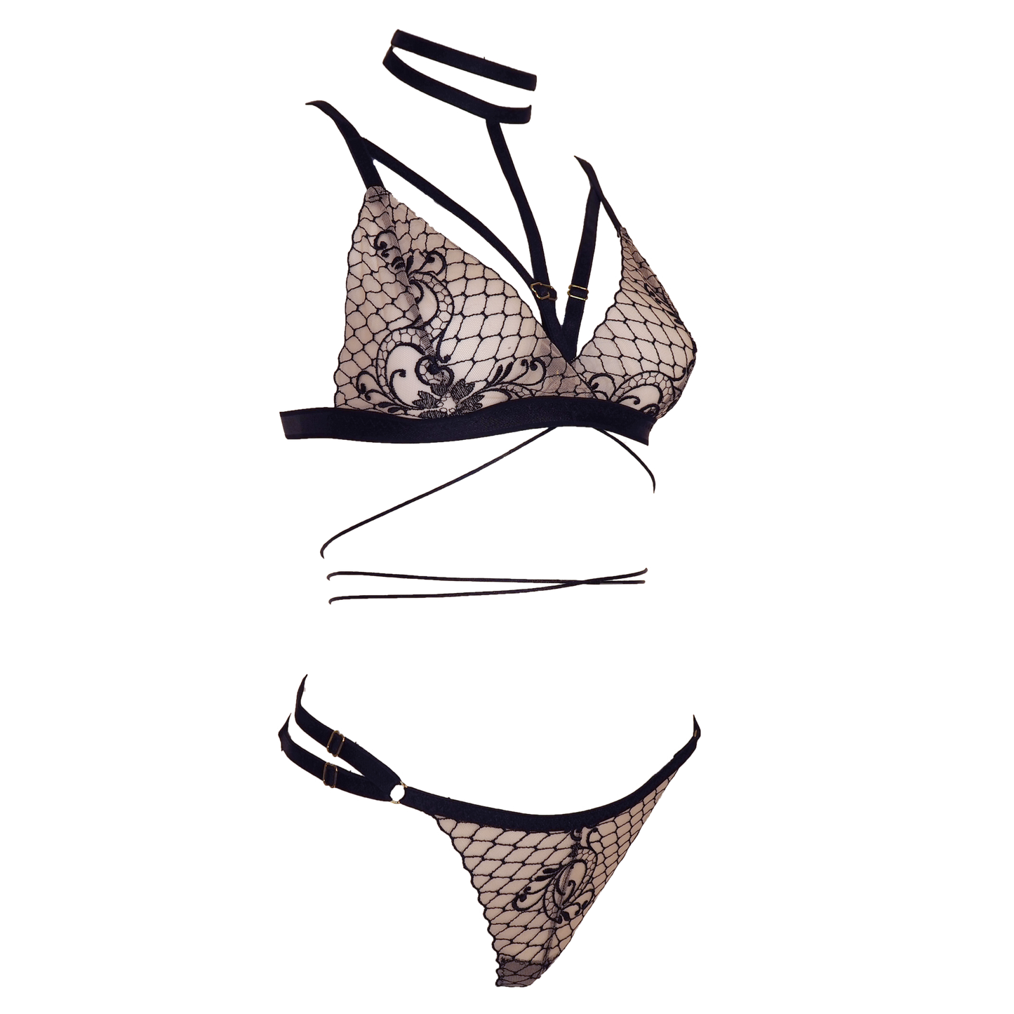 Josephine lace lingerie set with embroidered string panties and detachable choker black & light pink