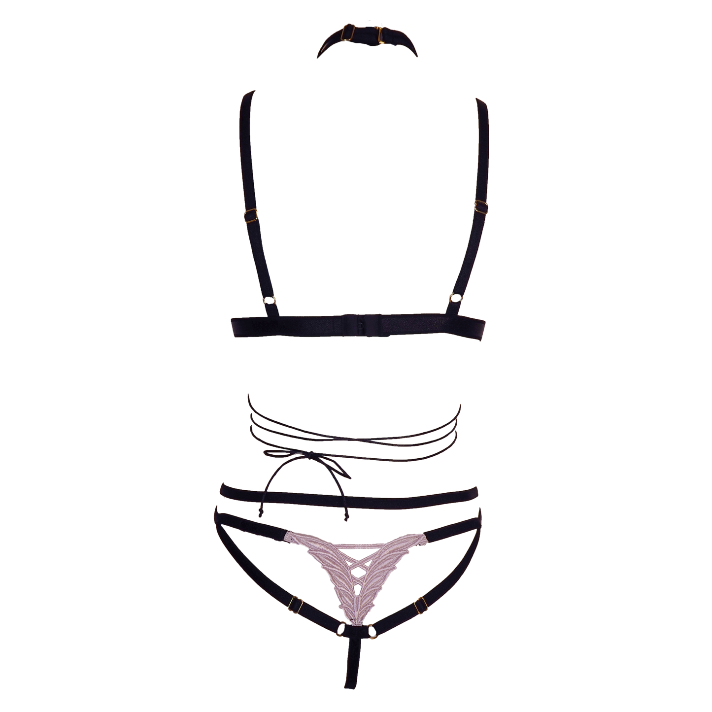 Josephine lace lingerie set with embroidered string panties and detachable choker black & light pink