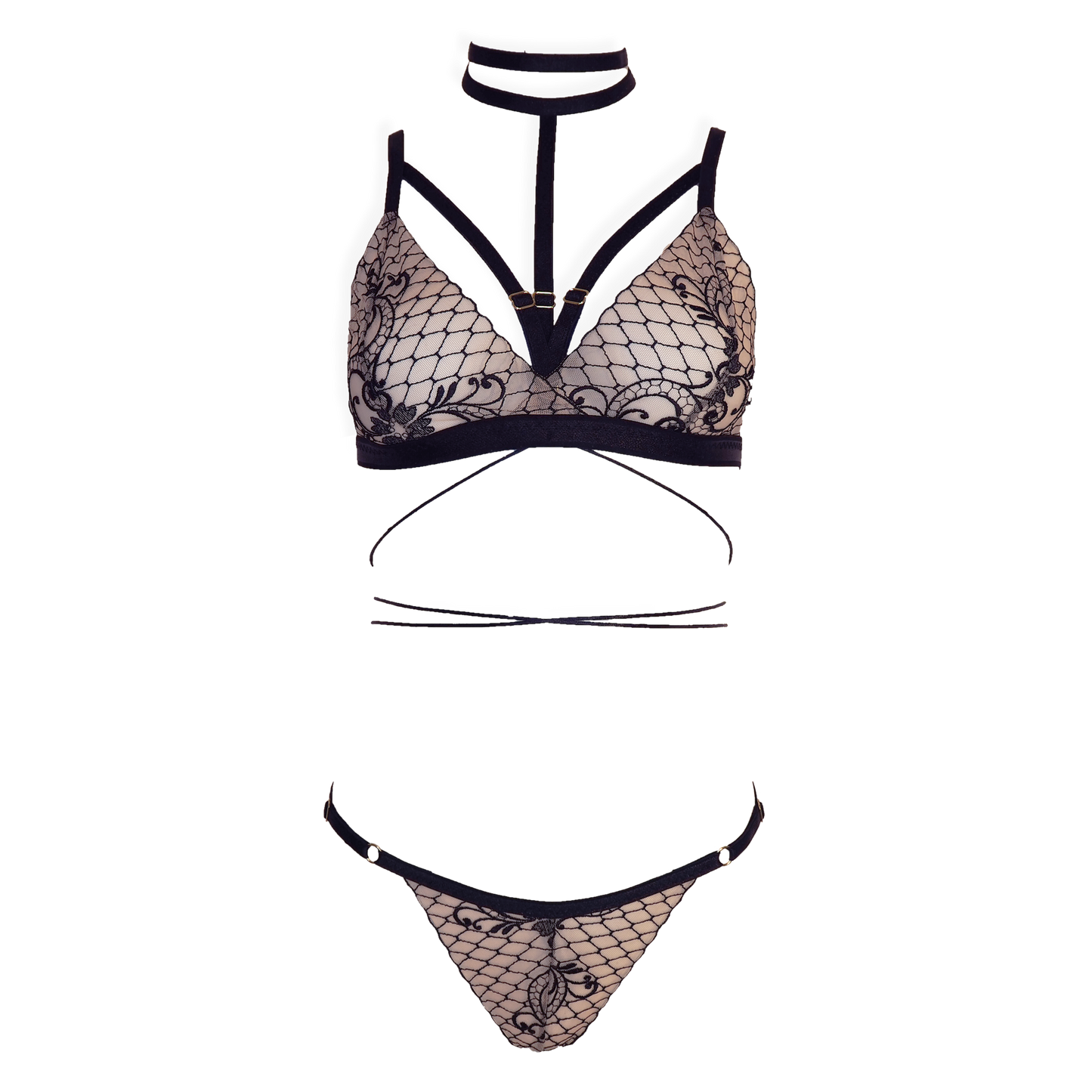 Michelle lace lingerie set with crotchless panties and detachable choker black & light pink