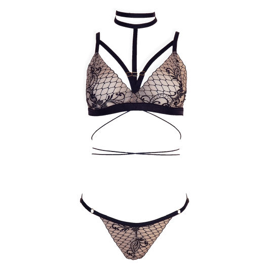 Michelle lace lingerie set with crotchless panties and detachable choker black & light pink