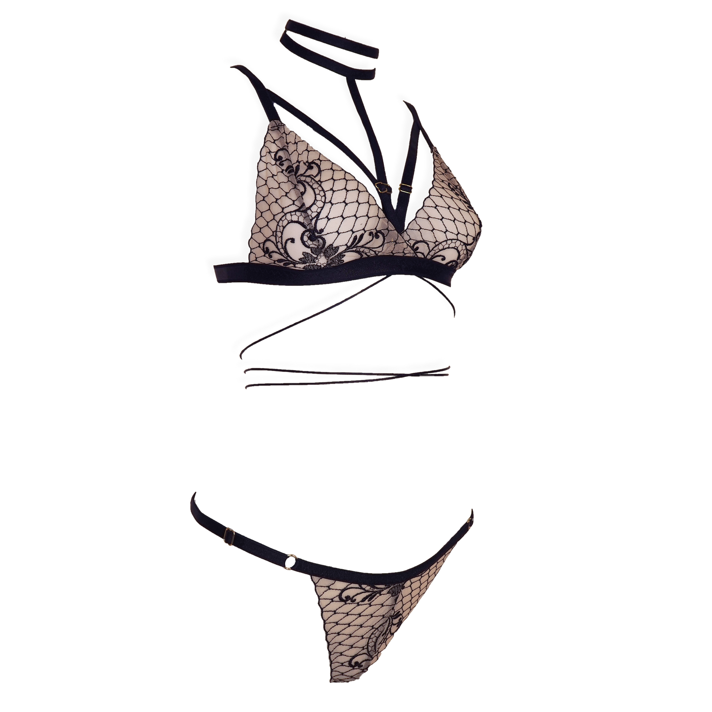 Michelle lace lingerie set with crotchless panties and detachable choker black & light pink