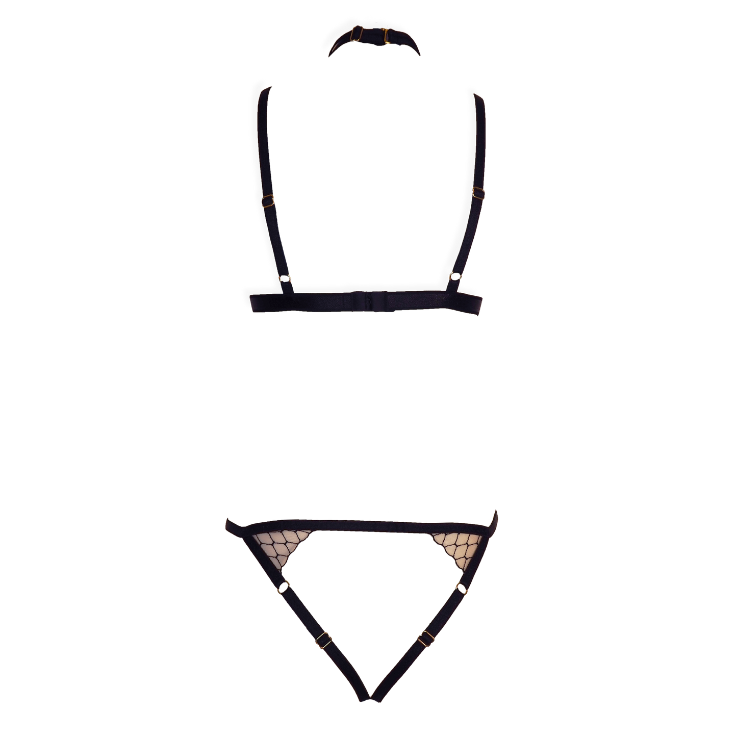 Michelle lace lingerie set with crotchless panties and detachable choker black & light pink