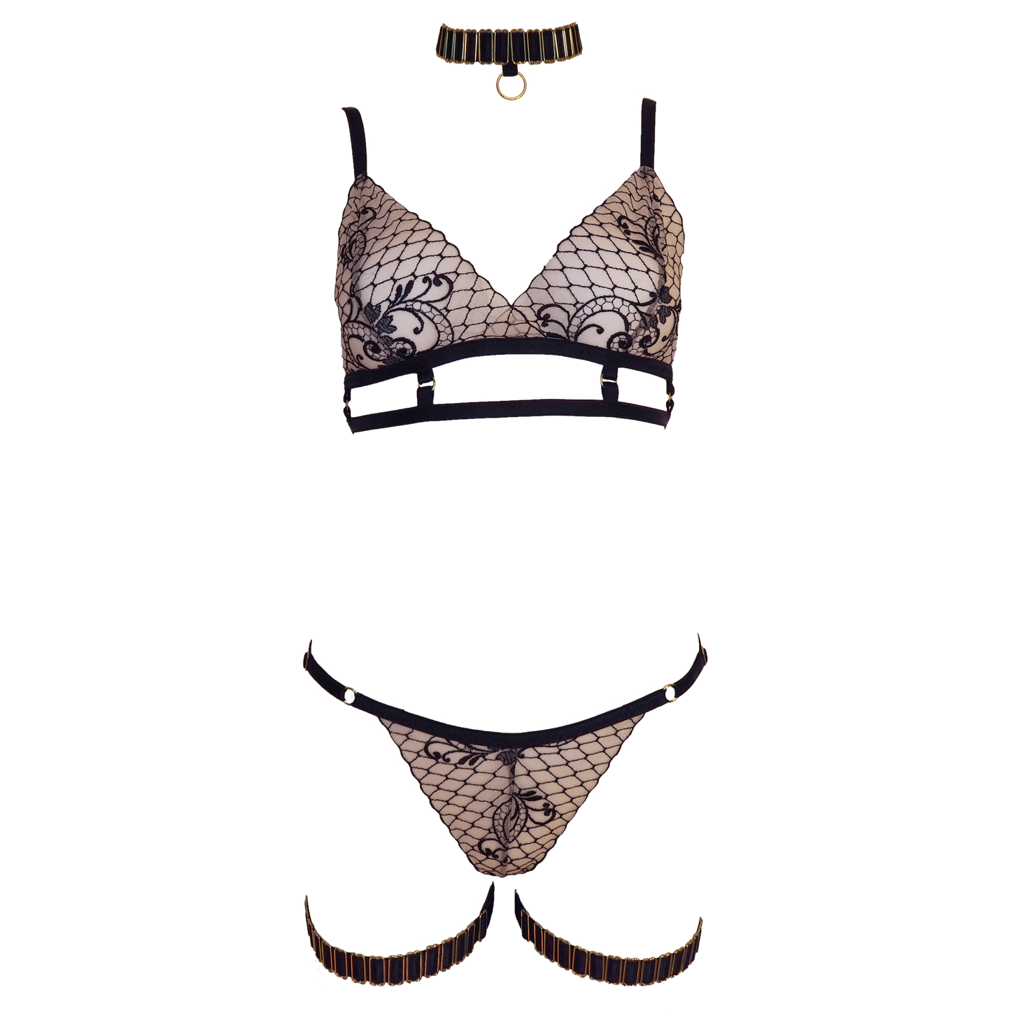 Gigi lace lingerie set with crotchless panties black & light pink