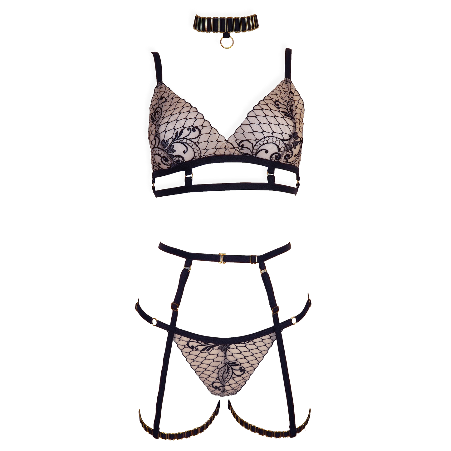 Bernadette lace lingerie set with garters and crotchless panties black & light pink