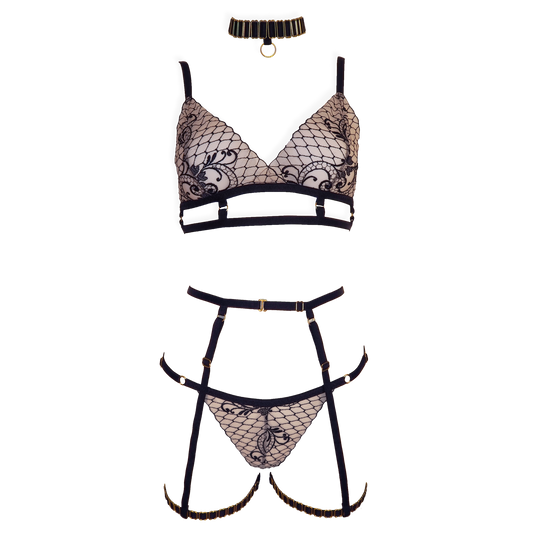 Bernadette lace lingerie set with garters and crotchless panties black & light pink