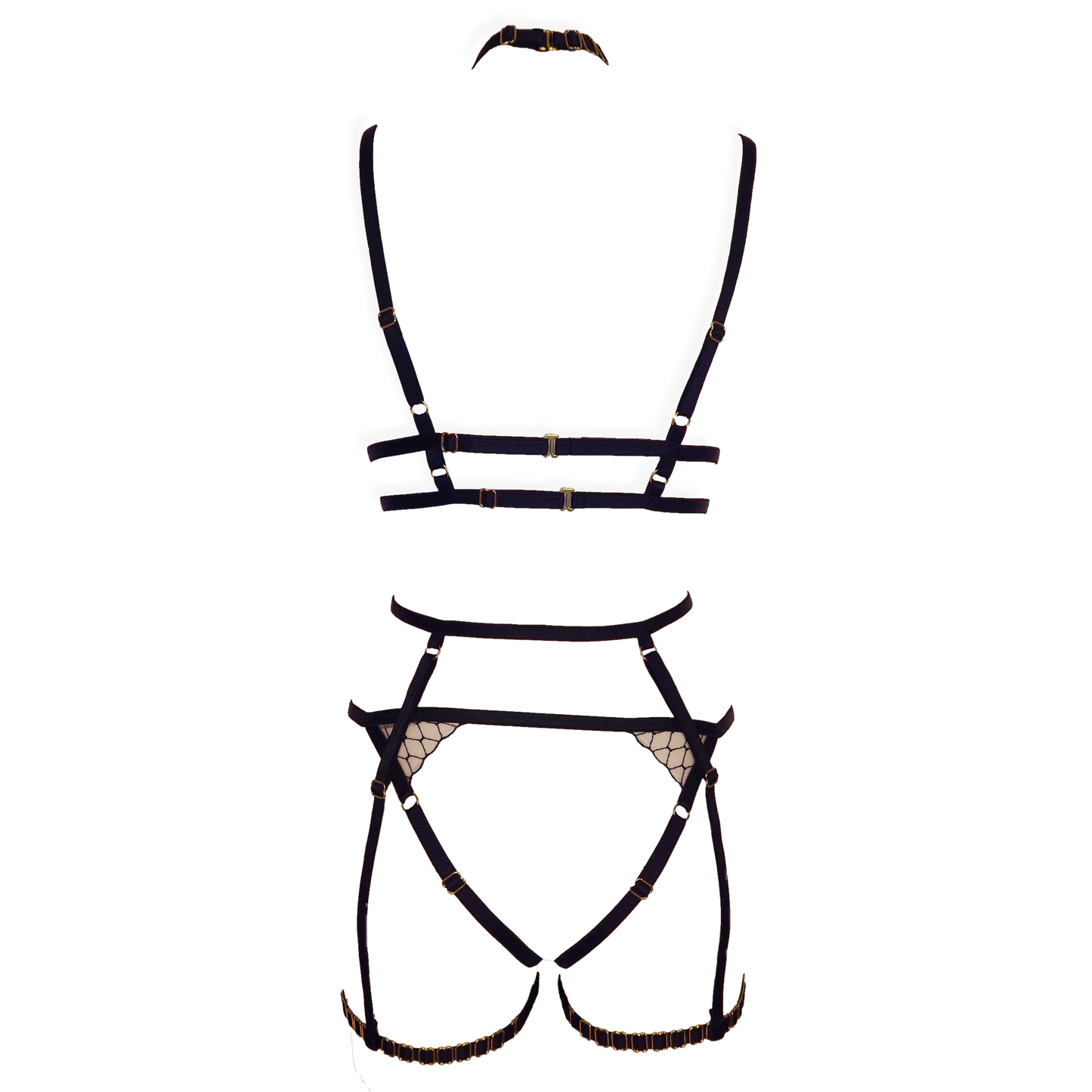 Bernadette lace lingerie set with garters and crotchless panties black & light pink