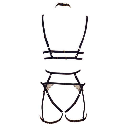 Bernadette lace lingerie set with garters and crotchless panties black & light pink