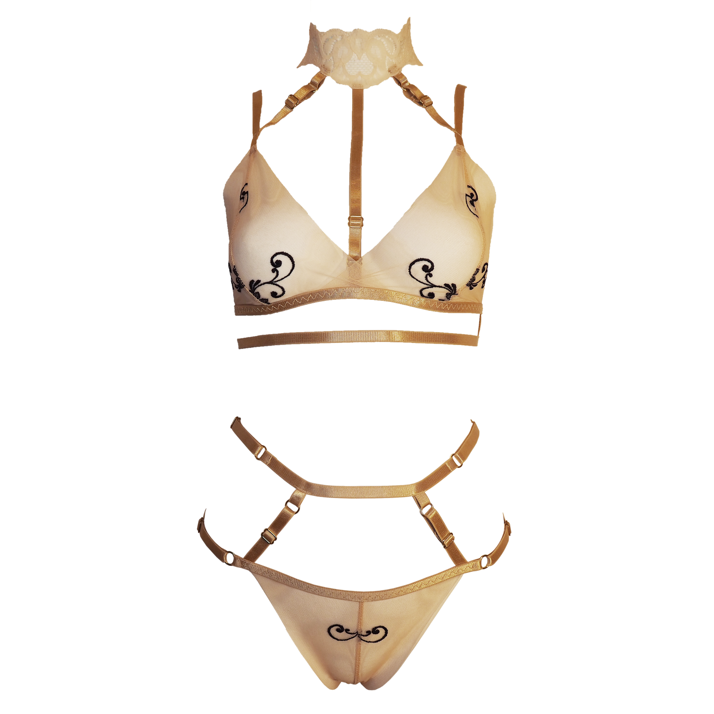 Dirty Martini transparent tulle lingerie set with choker beige