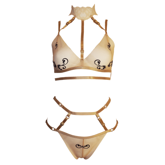 Dirty Martini transparent tulle lingerie set with choker beige