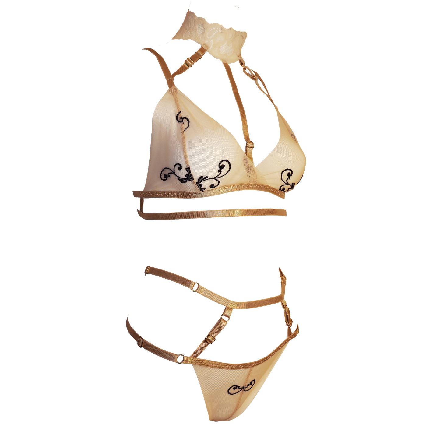 Dirty Martini transparent tulle lingerie set with choker beige