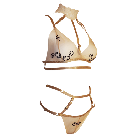 Dirty Martini transparent tulle lingerie set with choker beige