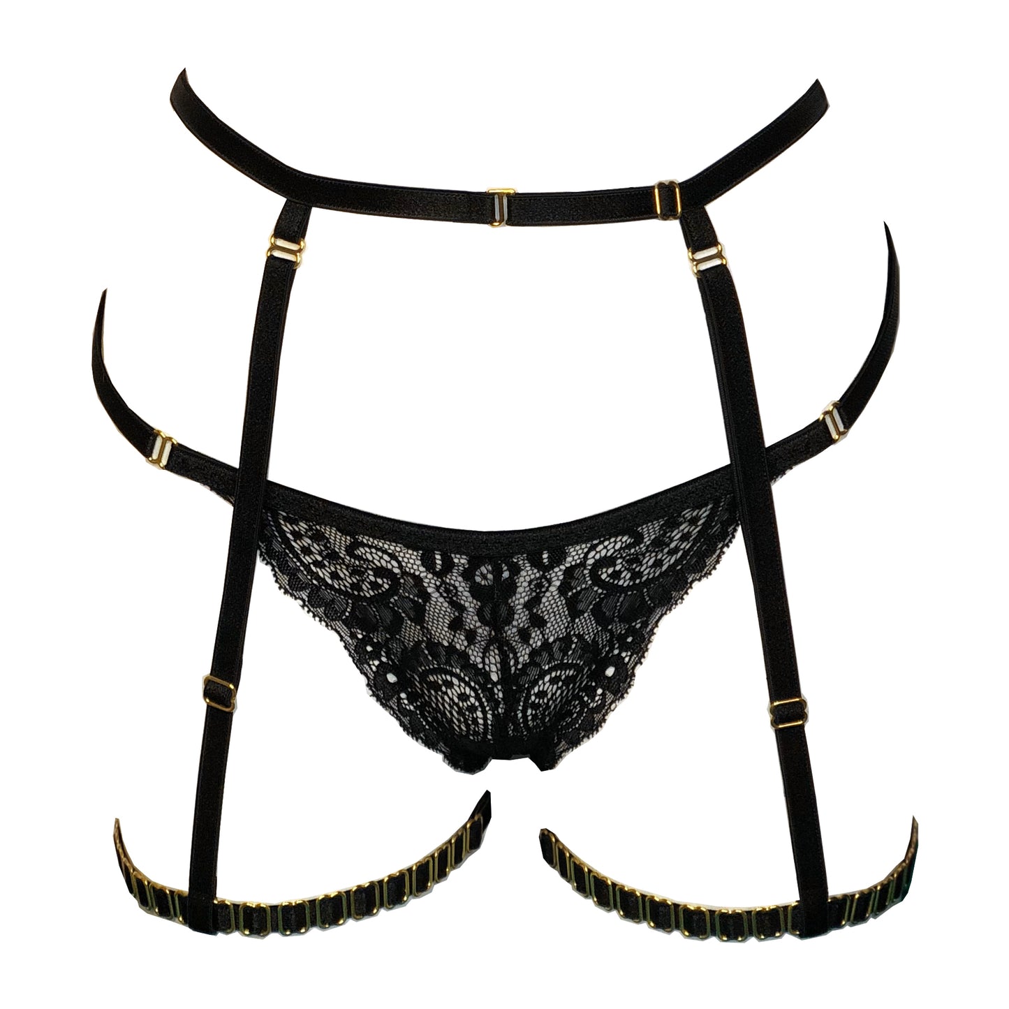 Mistress lace lingerie set with crotchless panties and garters black