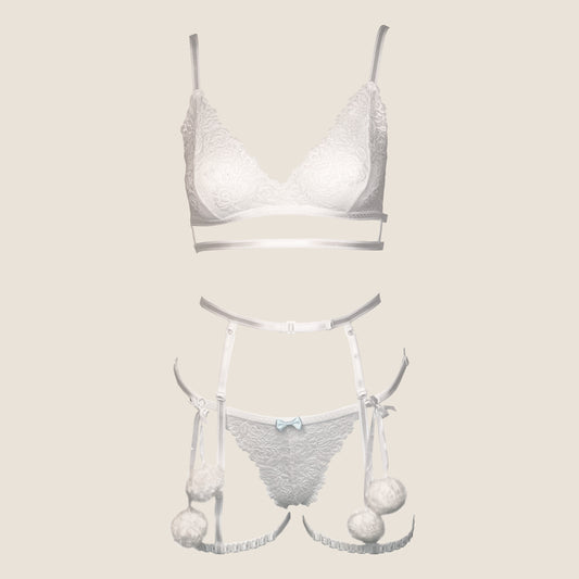 Snowflake II lace lingerie set with garters and pompoms
