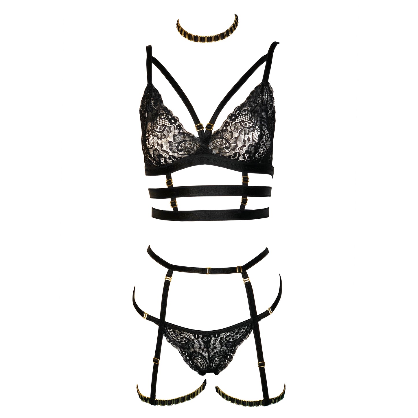 Mistress lace lingerie set with crotchless panties and garters black