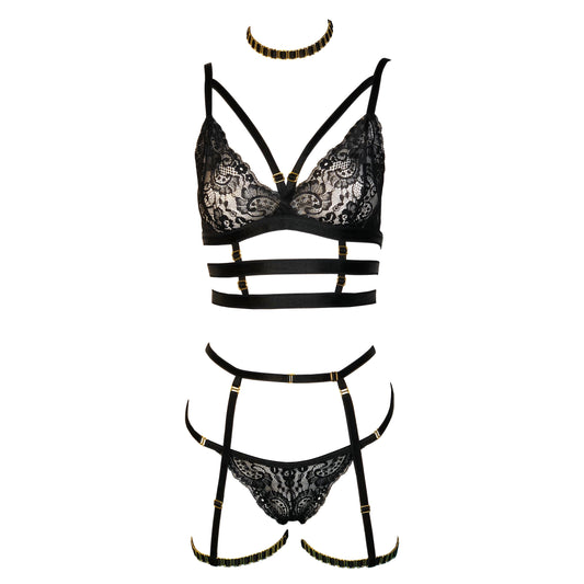 Mistress lace lingerie set with crotchless panties and garters black