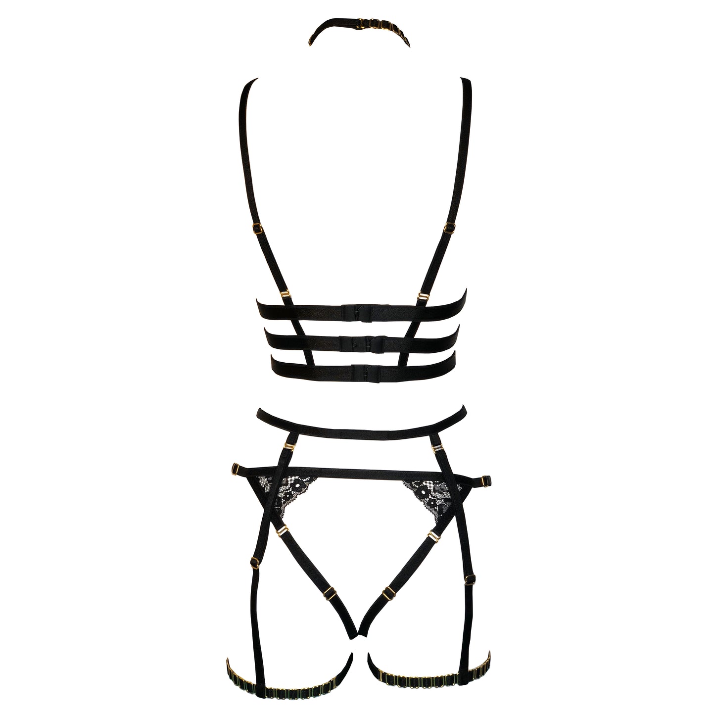 Mistress lace lingerie set with crotchless panties and garters black