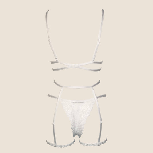 Snowflake II lace lingerie set with garters and pompoms