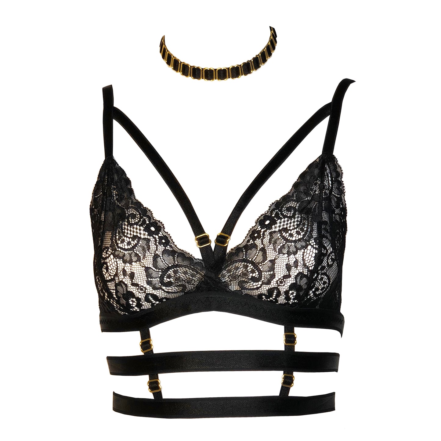 Mistress lace lingerie set with crotchless panties and garters black