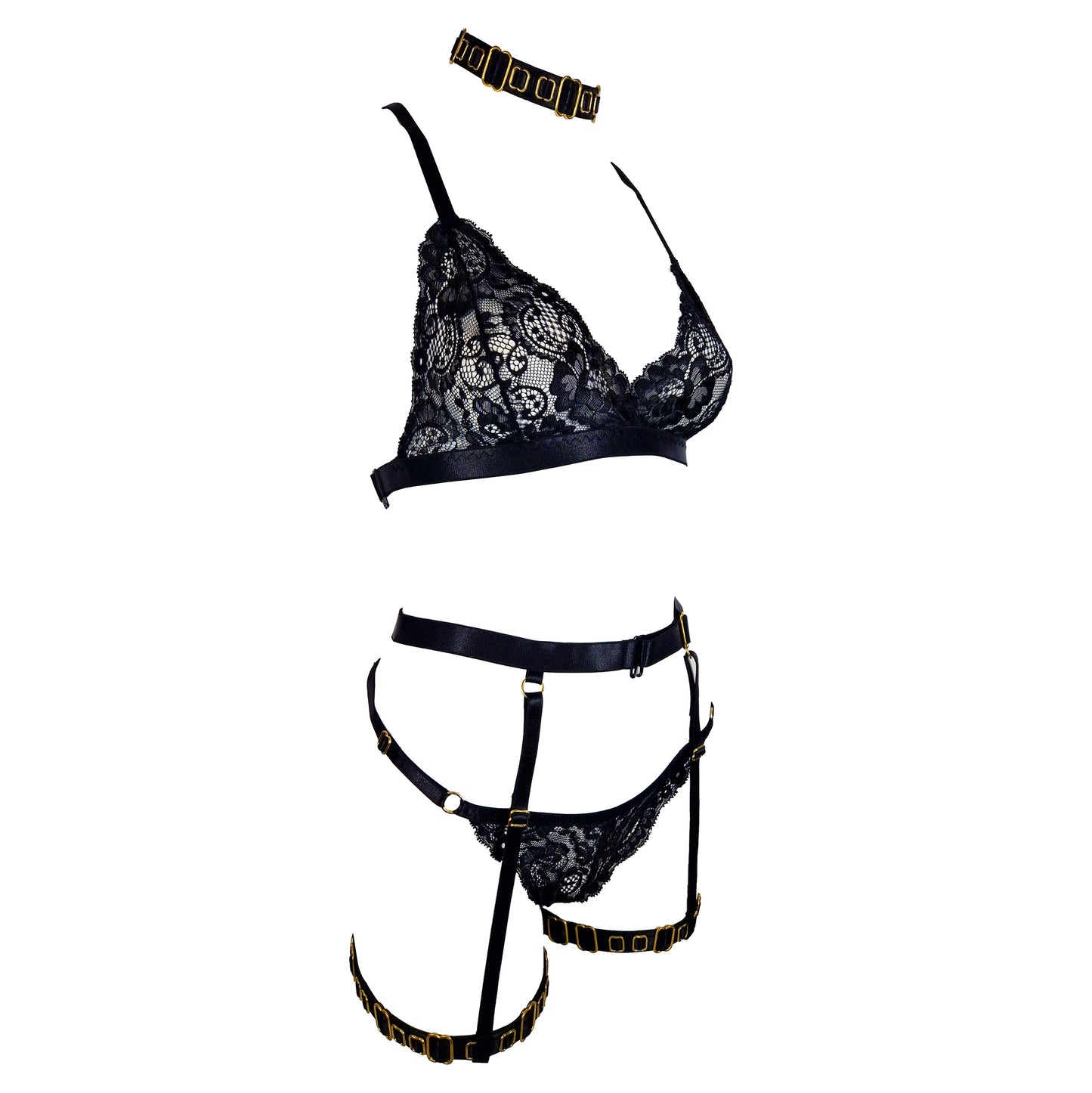 Golden Flame III lace lingerie set with crotchless panties and garters black
