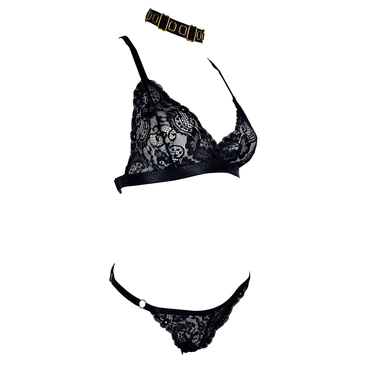 Golden Flame I lace lingerie set with crotchless panties black