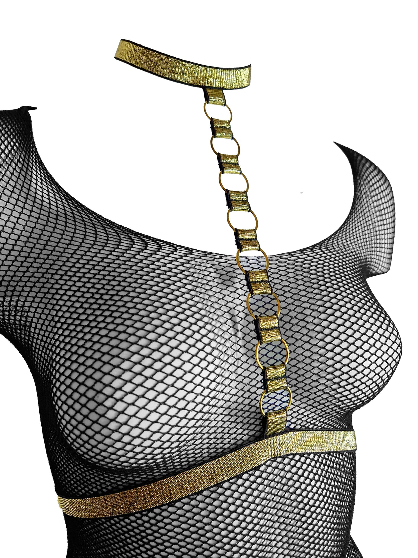 Fishnet bodysuit with harness black