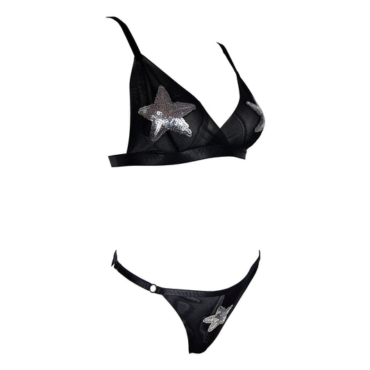 Jupiter elastic tulle lingerie set with sequin patches black